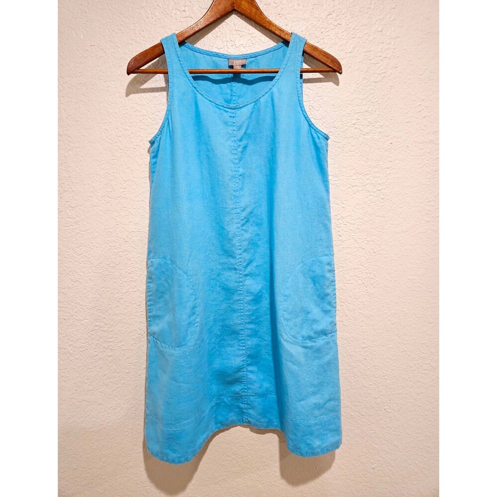 J. Jill Women’s Blue Linen Solid Sleeveless Scoop Neck Shift Dress PS Petite